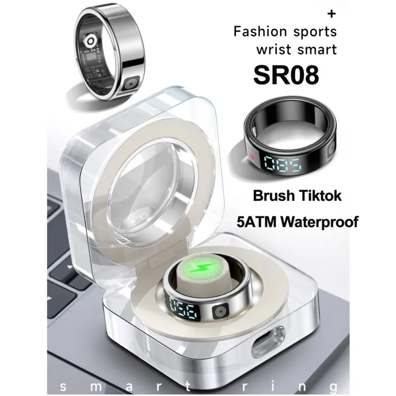 SR08 Smart Ring 2025 waterproof fitness tracker ring with LED display and heart rate monitoring
