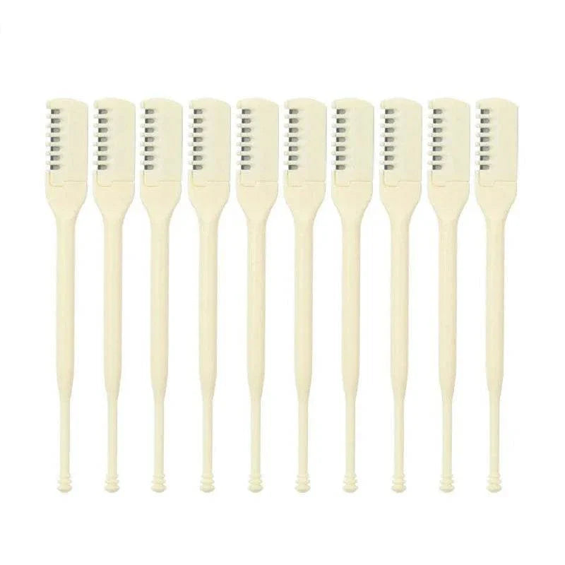 Set of 10 beige manual nose hair trimmers with slim handles and comb-like tips for gentle grooming.