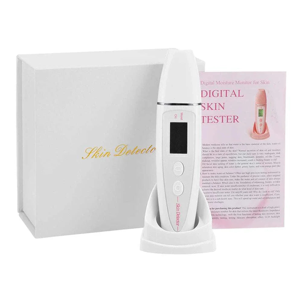 digital skin analyzer with moisture monitor, portable facial skin tester device with LCD display and one-touch operation for skin hydration and oil analysis