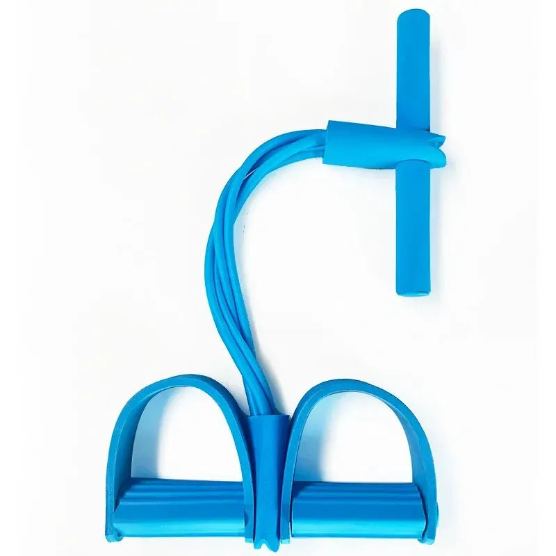 Blue four-tube pedal tensioner with ergonomic handles for home fitness workouts