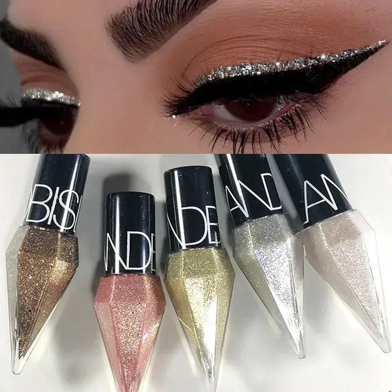 Diamond Shiny Eye Liners with silver and rose gold glitter, waterproof and high-pigment sparkle for precise, long-lasting eye makeup looks.