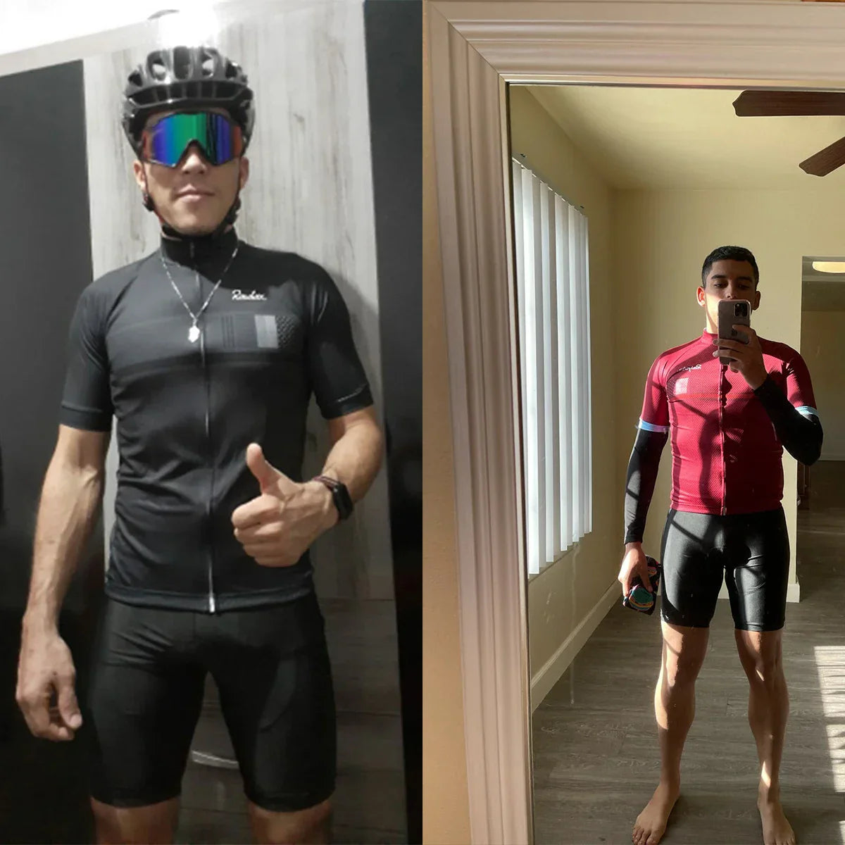 Man wearing Raudax Classic Black Cycling Jersey with helmet and sunglasses standing beside person in red cycling outfit indoors