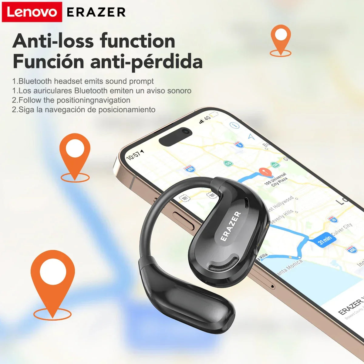 Black ERAZER XT66PRO Bluetooth earphone with anti-loss function shown alongside smartphone displaying navigation map