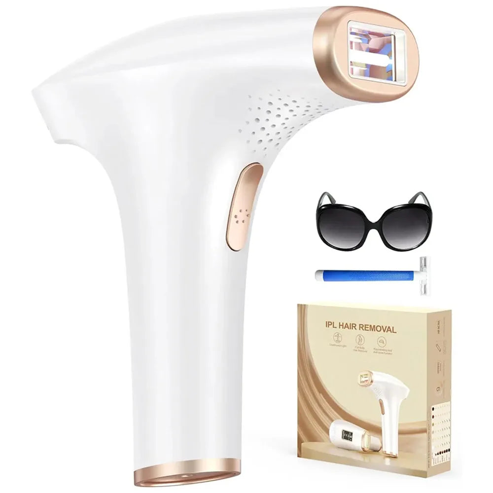 White and rose gold IPL hair removal laser device with accessories and packaging box for at-home use