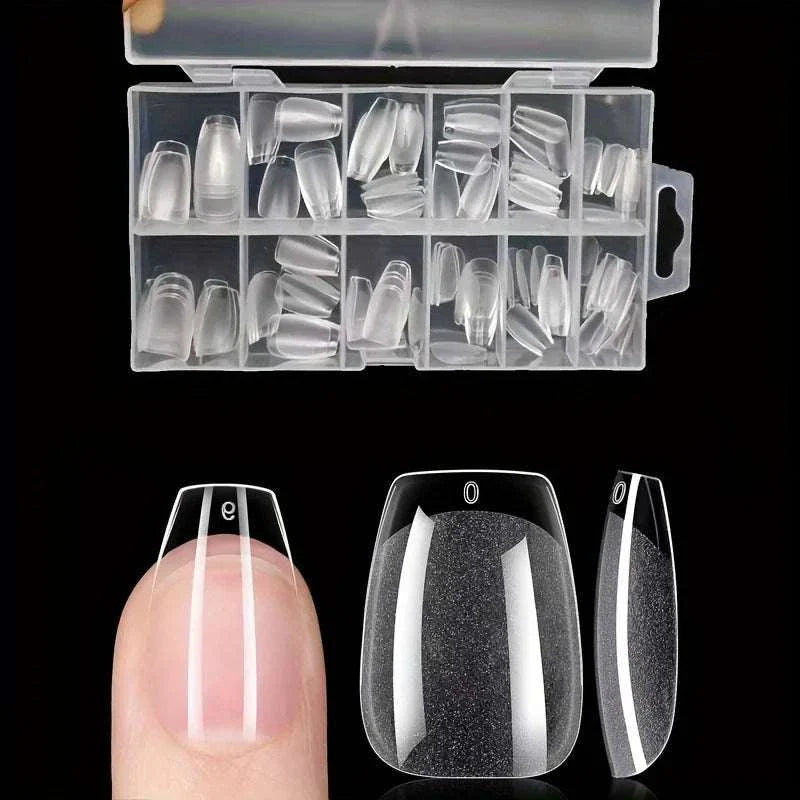 120-piece full cover press-on nail tips set with assorted stiletto, almond, square, and coffin shapes in clear plastic with storage box