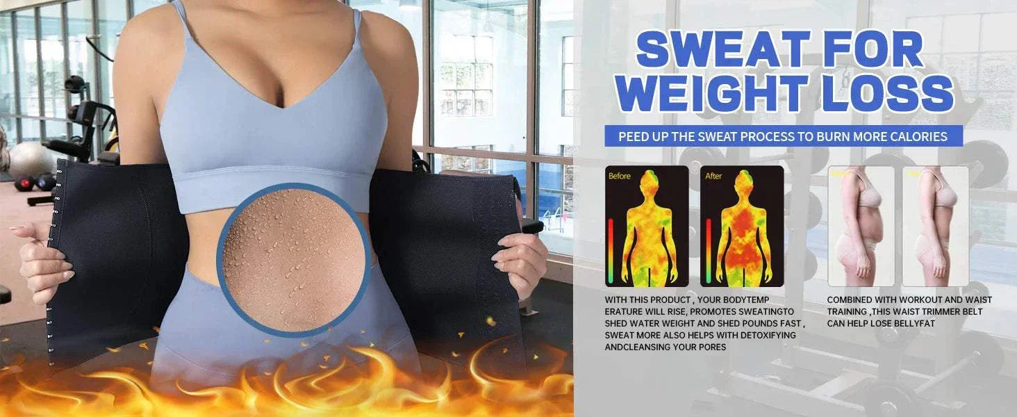 Woman in workout attire holding a black breathable neoprene waist trainer belt showing sweat and weight loss benefits infographic