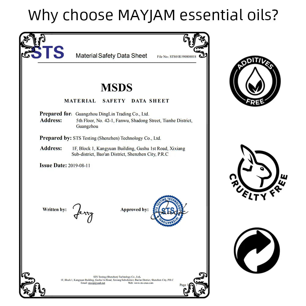 MAYJAM Essential Oil product safety data sheet with additives free, cruelty-free, and recyclable icons