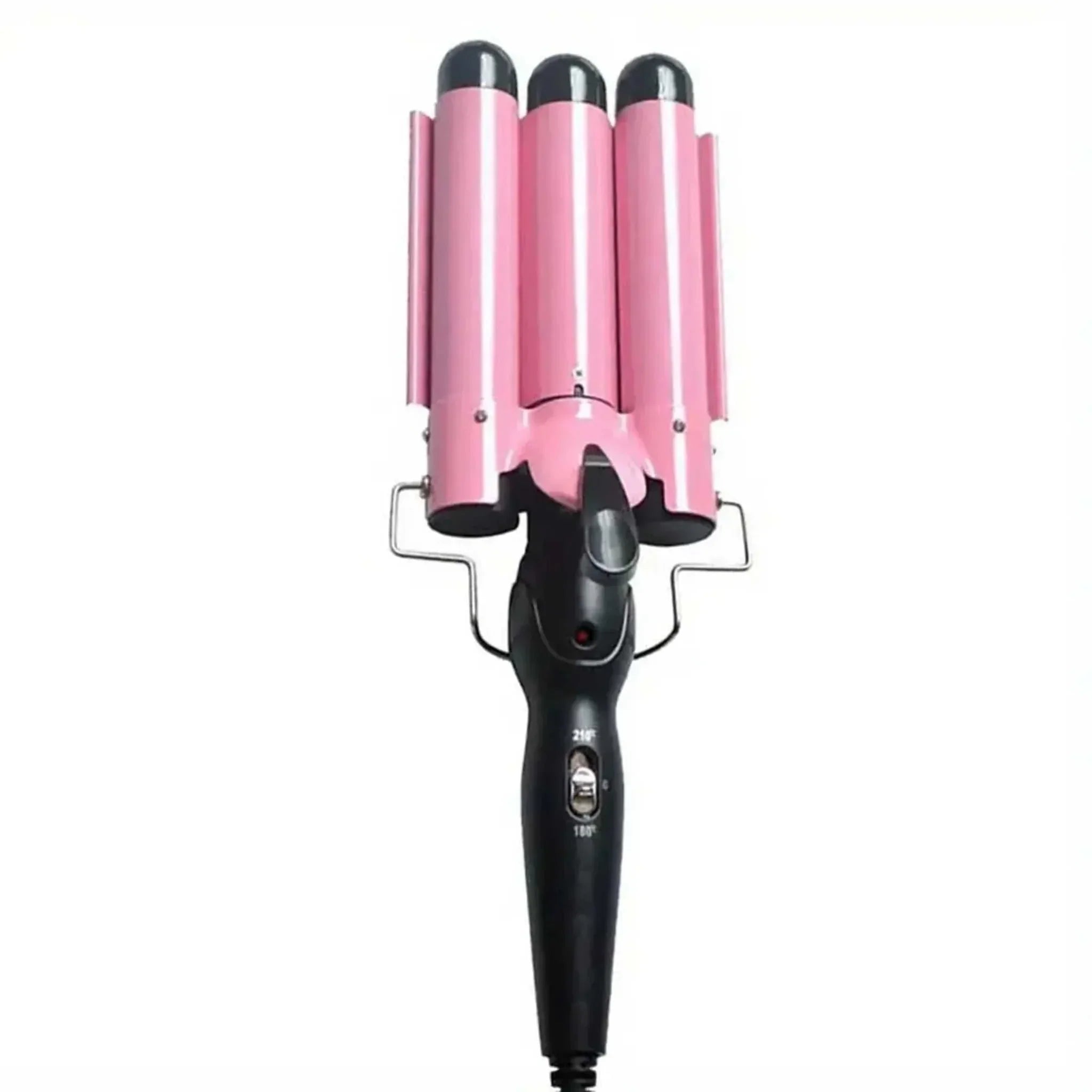 Pink and black multifunctional curling iron with triple barrels for curls, waves, and straight hair styling.