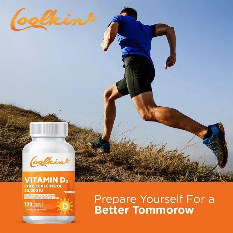 High Potency Vitamin D3 50,000 IU supplement bottle with a runner in outdoor setting promoting bone, immune health, and vitality