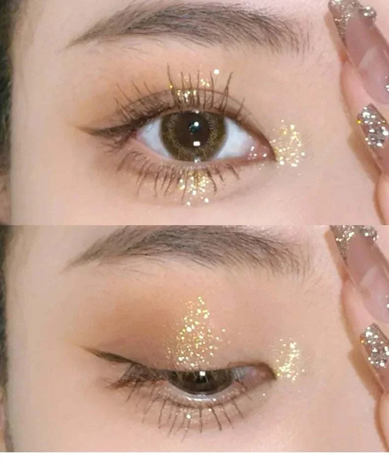 Close-up of eyes featuring shimmering gold diamond glitter eyeshadow with a bold winged eyeliner look, showcasing the Diamond Glitter Monochrome Eyeshadow Palette effect.