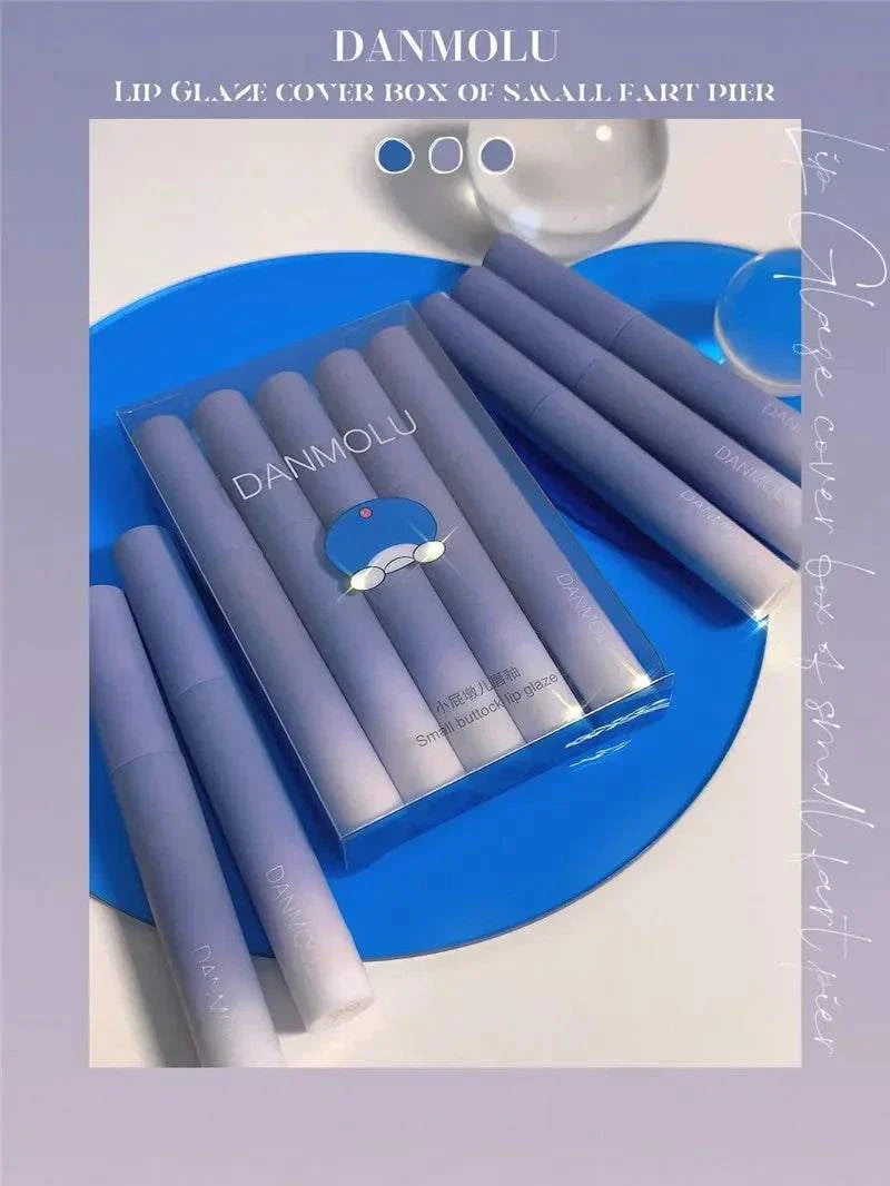 Matte Lipstick Set with 5 vibrant shades, long-lasting, waterproof, and non-stick formula in sleek blue packaging