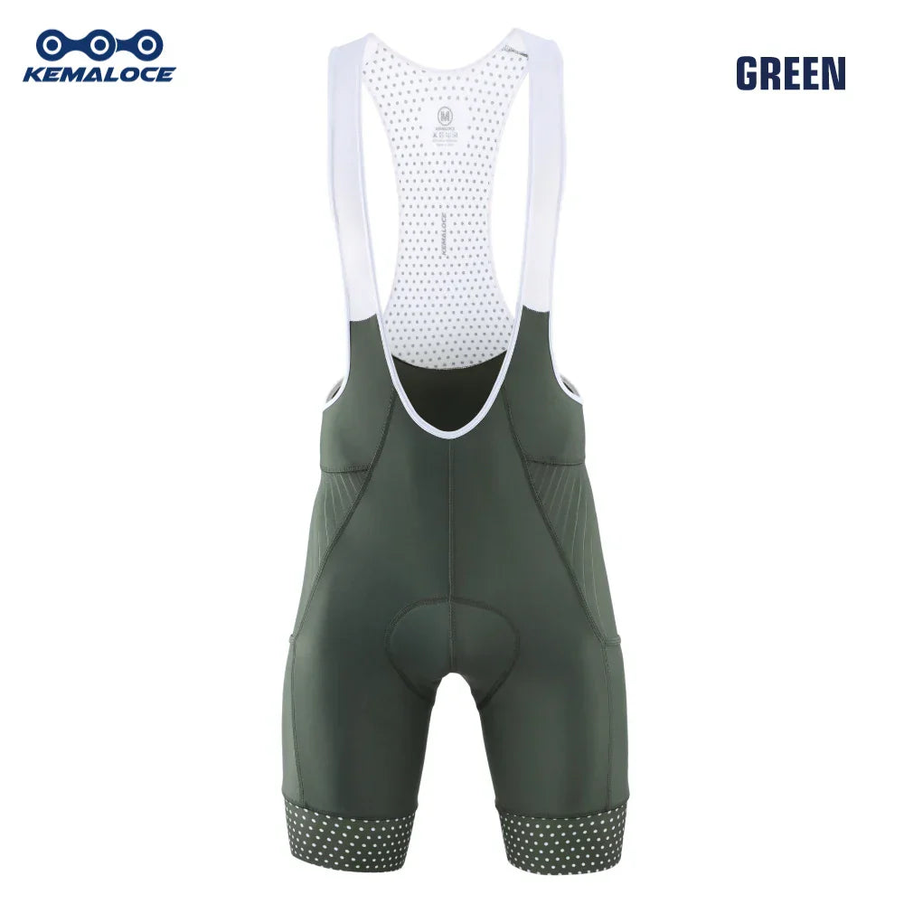 KEMALOCE green men’s cycling bib shorts with 5D gel padding and breathable mesh bibs