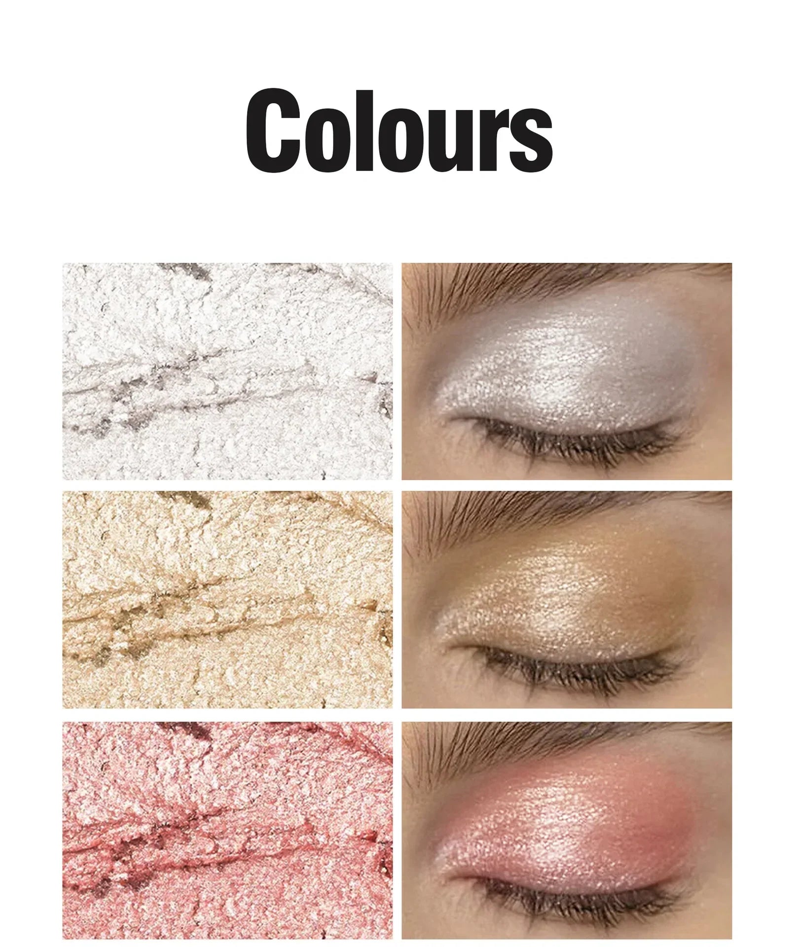 Handaiyan Highlighting Eye Shadow Stick in pearlescent white, gold, and pink shimmer shades with smooth, crease-free finish on eyelids