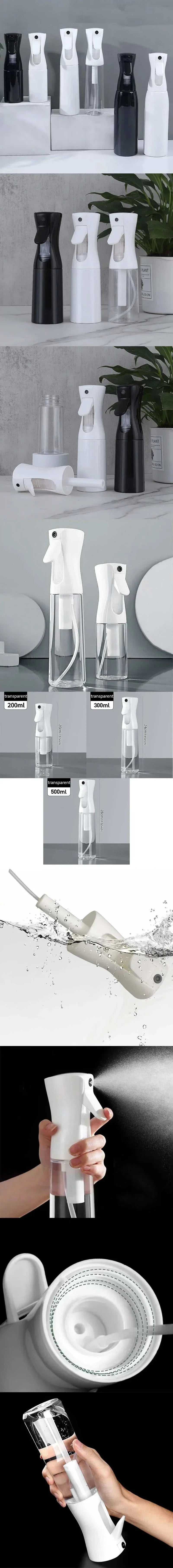 High pressure mist spray bottles in 200ml, 300ml, and 500ml sizes with continuous fine mist, ergonomic design, and refillable eco-friendly feature for multi-purpose use.