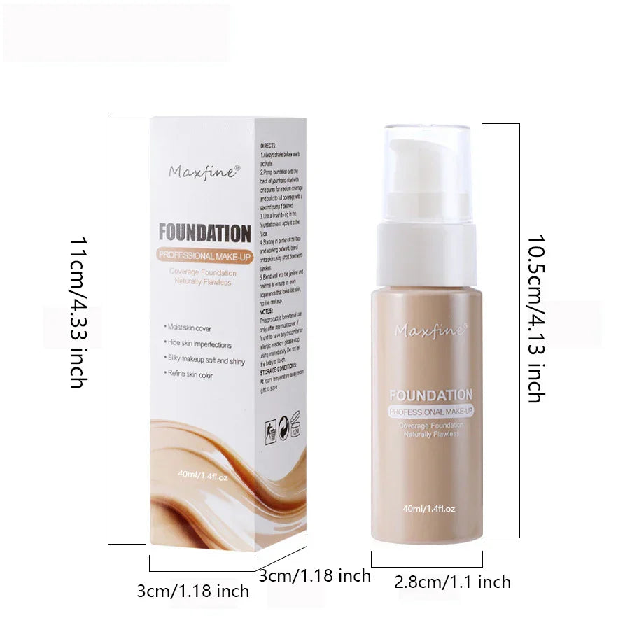 Maxfine Liquid Foundation & Concealer bottle and packaging, waterproof, sweat-proof, full coverage, lightweight professional makeup, 40ml size with dimensions shown
