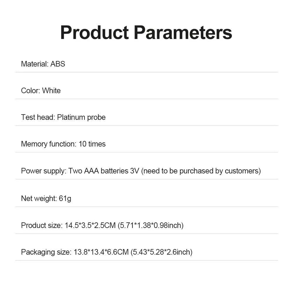 Digital Skin Analyzer with platinum probe, LCD display, portable white ABS design, memory function, and battery-powered moisture and oil tester for facial skin health.