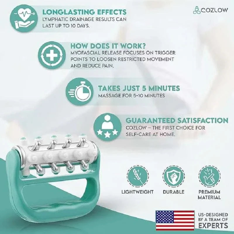 MyoRelease Lymphatic Drainage Massager in green with ergonomic handle, designed for fascia release, scar tissue massage, and lymphatic drainage support.