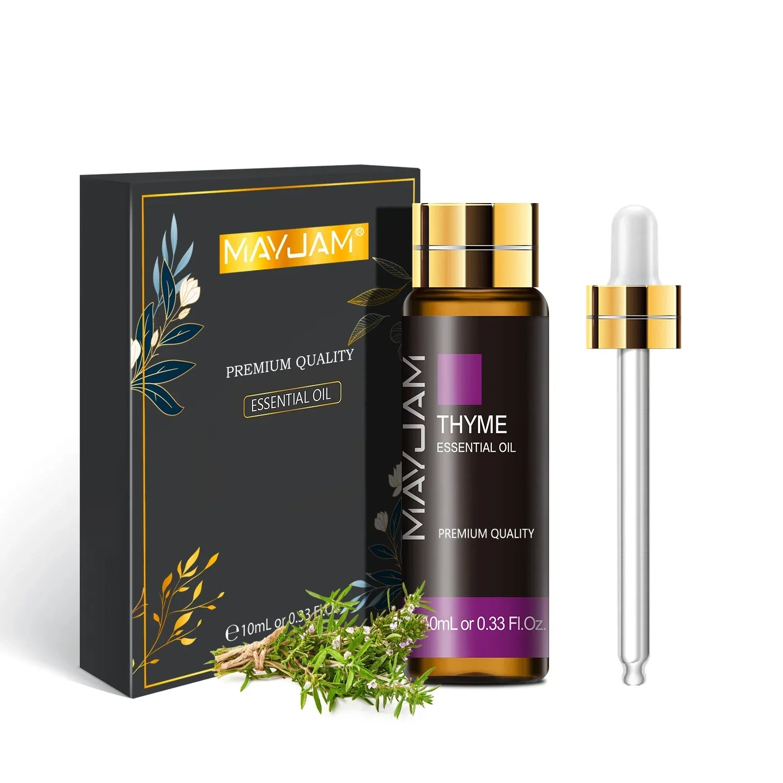 MAYJAM Thyme Essential Oil 10ml bottle with dropper and black packaging featuring gold accents and herbal sprigs