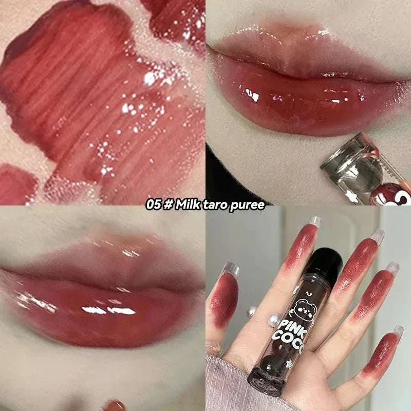 PINKCOCO Bear Doodle Mirror Lip Glaze in shade 05 Milk Taro Puree showing glossy, hydrating lips and the cute bear doodle packaging.