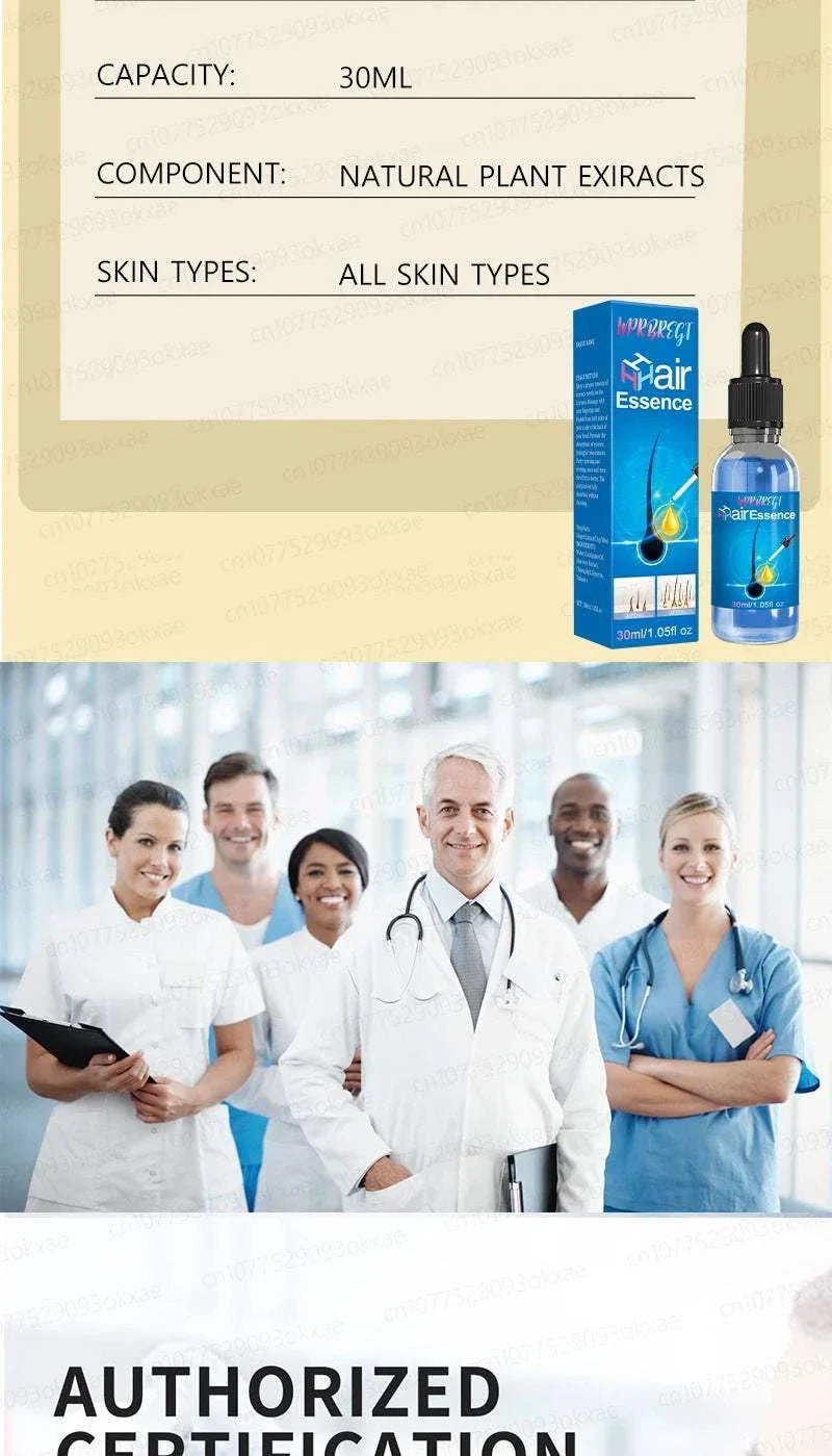 Hair Growth Treatment bottle and box with natural plant extracts for all skin types, endorsed by a group of diverse medical professionals.