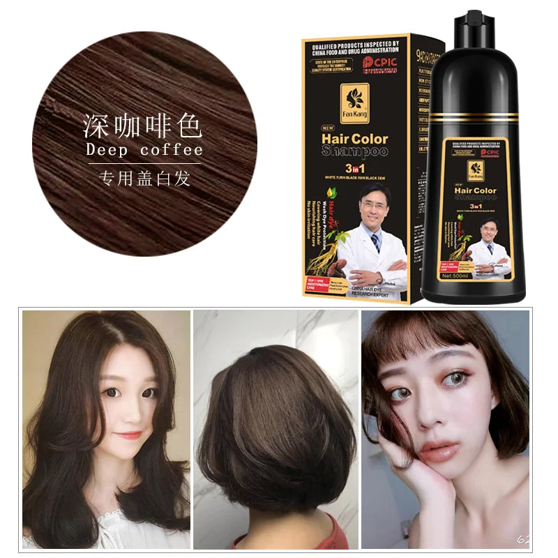 500ml Organic Permanent Hair Dye Shampoo in deep coffee color with natural plant-based formula for men and women, showing product bottle, packaging, and hair color results