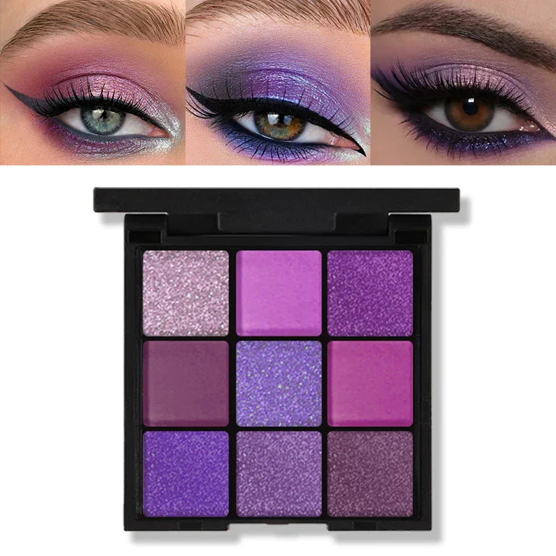 9-Grid Red & Purple Eyeshadow Palette with vibrant shimmer, matte, and glitter shades shown on diverse eye makeup looks