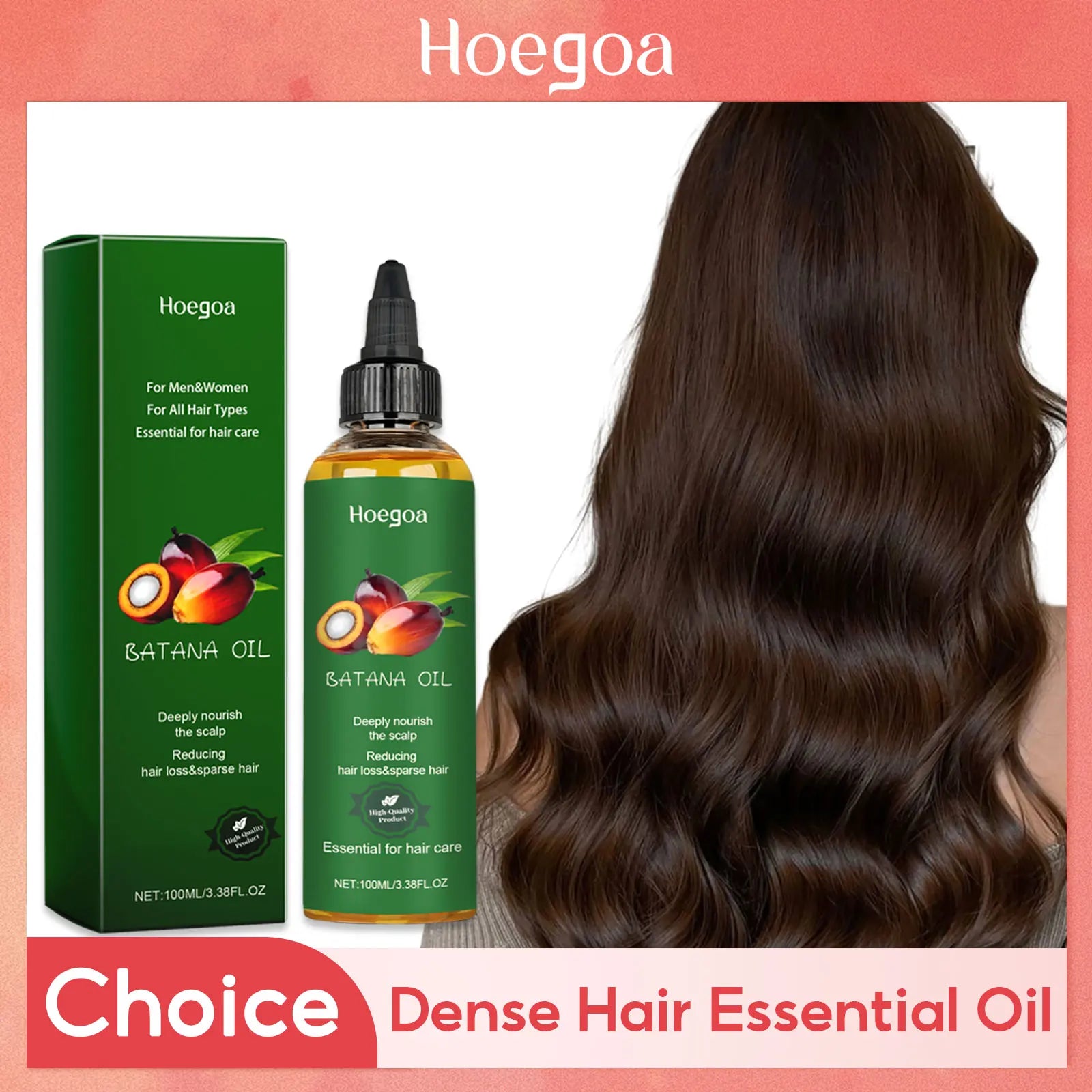 Hoegoa Batana Nourishing Hair Oil bottle and packaging with long, healthy, shiny hair background