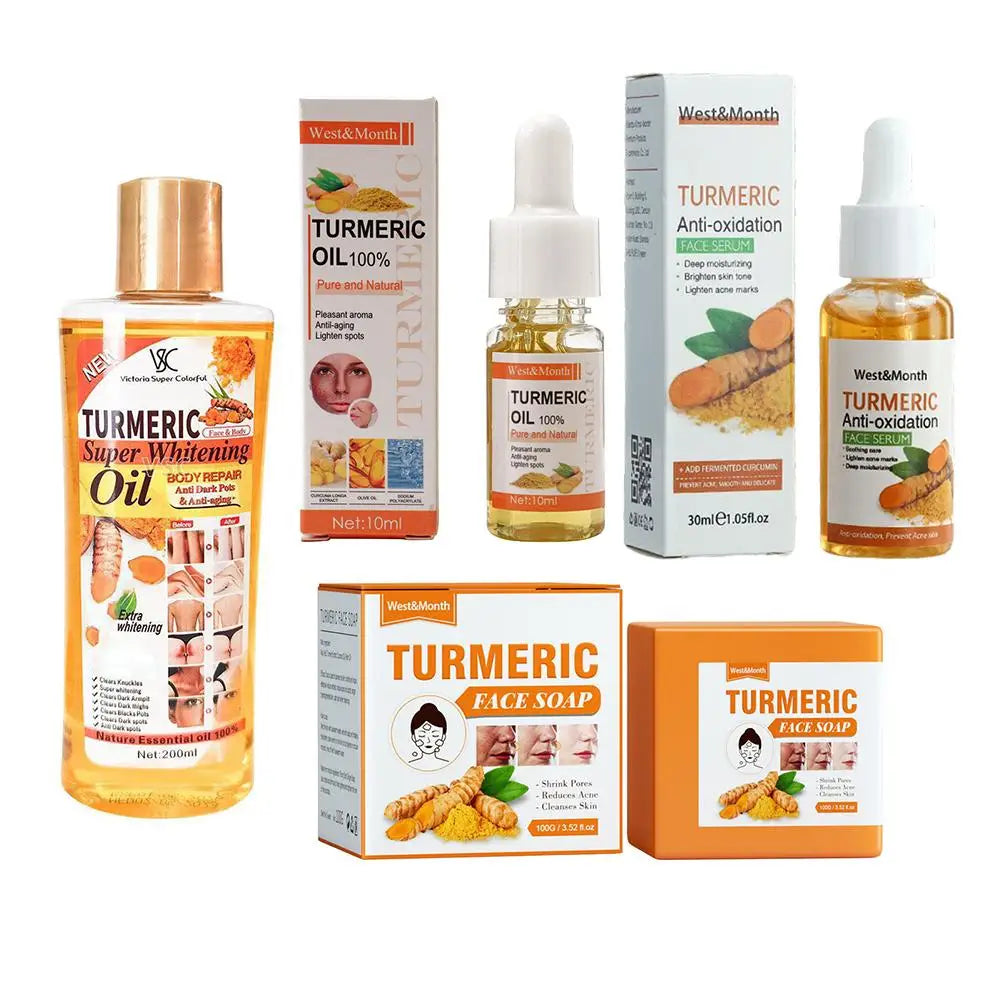 Turmeric Face Whitening & Brightening Serum and soap set with anti-oxidation formula, dark spot correction, and deep hydration for radiant skin