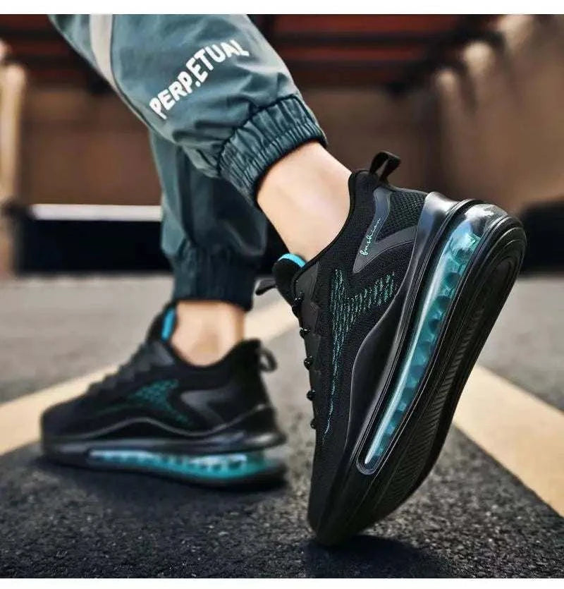 Men's casual black air cushion running shoes with breathable mesh upper and durable outsole grip.