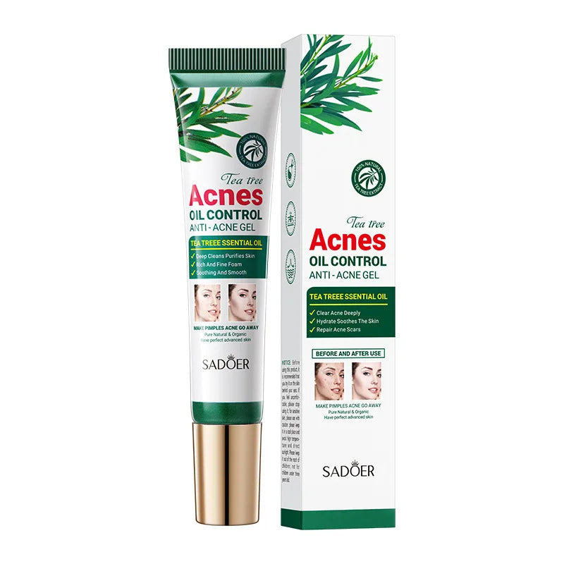SADOER Tea Tree Acne Removing Cream tube and box with green tea leaves design, oil control and anti-acne gel for hydrated, clear skin