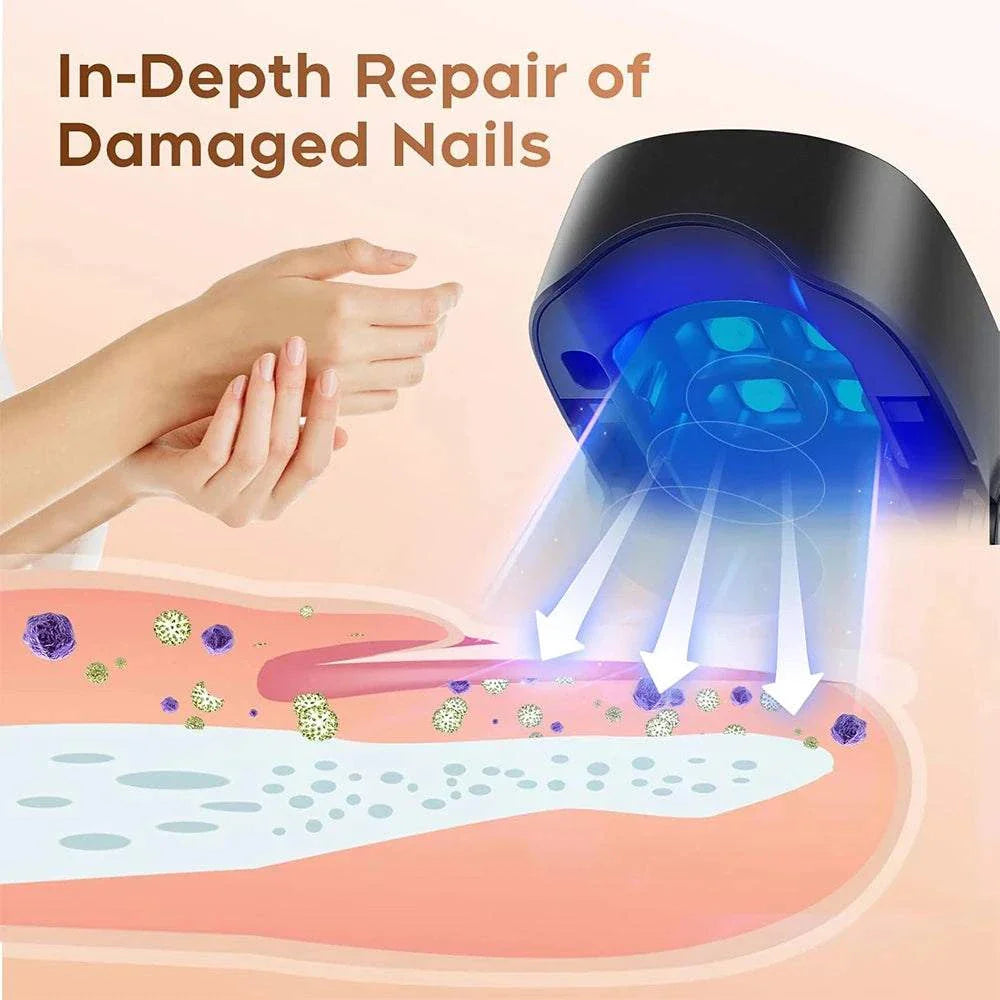 Nail care device treating fungal infections and repairing damaged nails with deep cleansing and soothing features