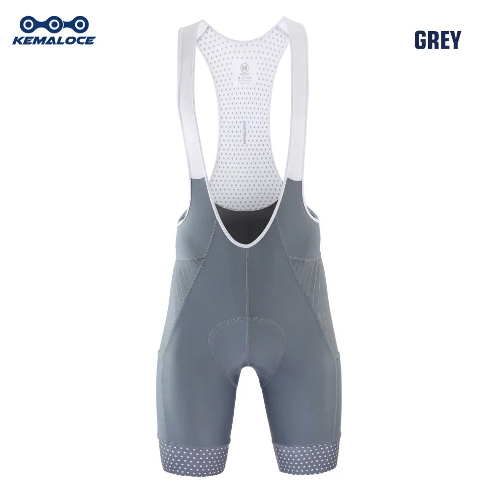 Grey KEMALOCE men’s cycling bib shorts with breathable mesh and 5D gel padding for mountain biking
