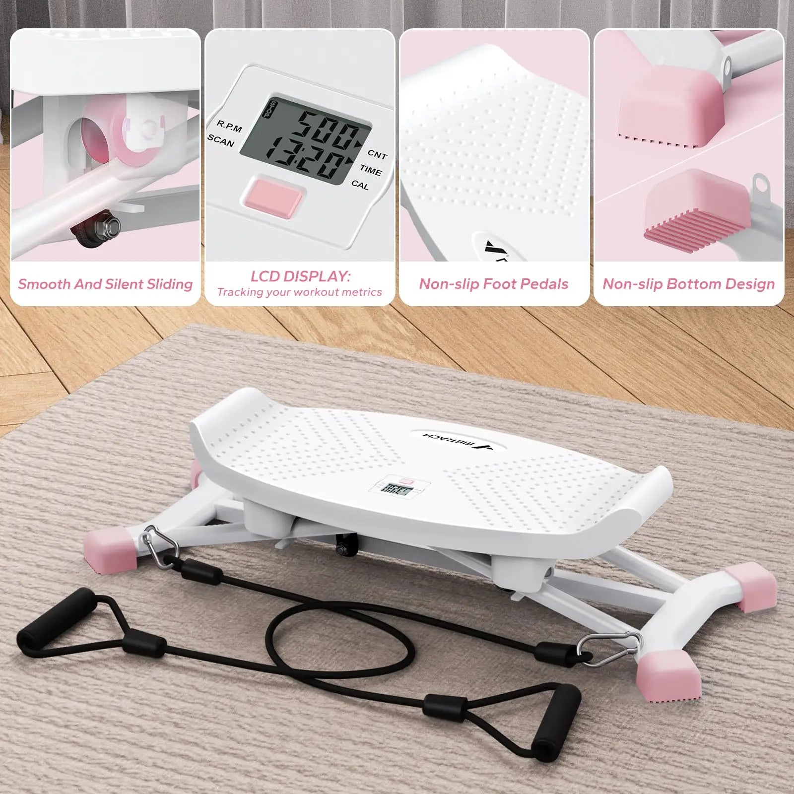 MERACH Ski Machine white and pink full-body workout equipment with non-slip pedals and LCD display on wooden floor mat