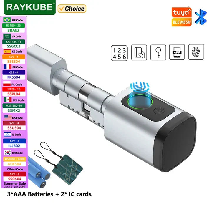AYKUBE V1 Smart Cylinder Lock with fingerprint, IC card, password, and Tuya BLE app unlock, includes 3 AAA batteries and 2 IC cards, supports Bluetooth control and biometric recognition.