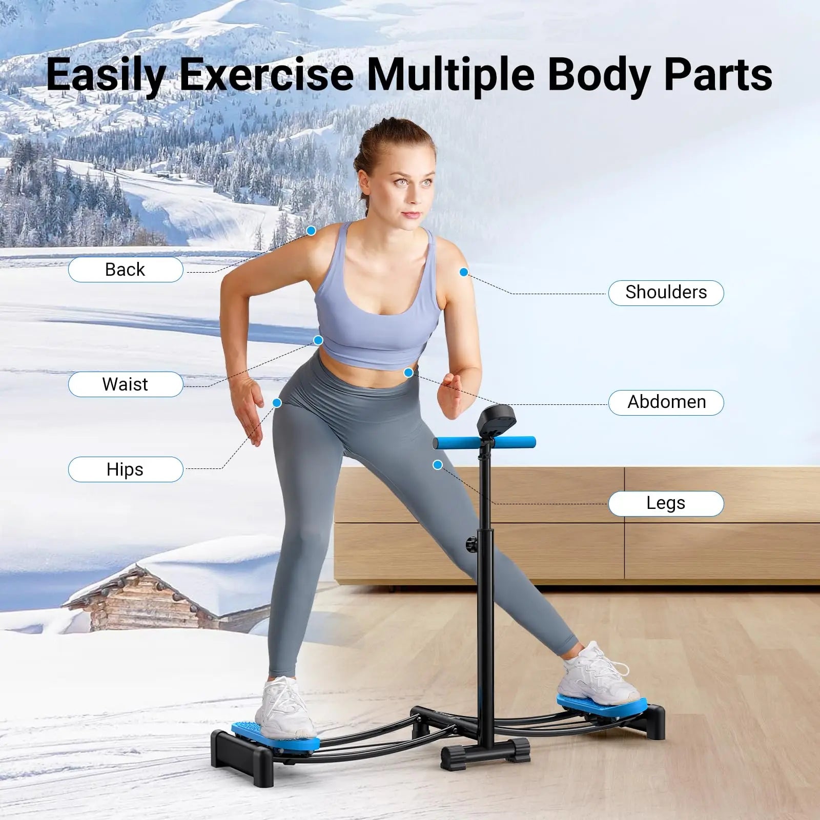 Woman exercising indoors on MERACH Ski Machine targeting back, shoulders, waist, abdomen, hips, and legs.