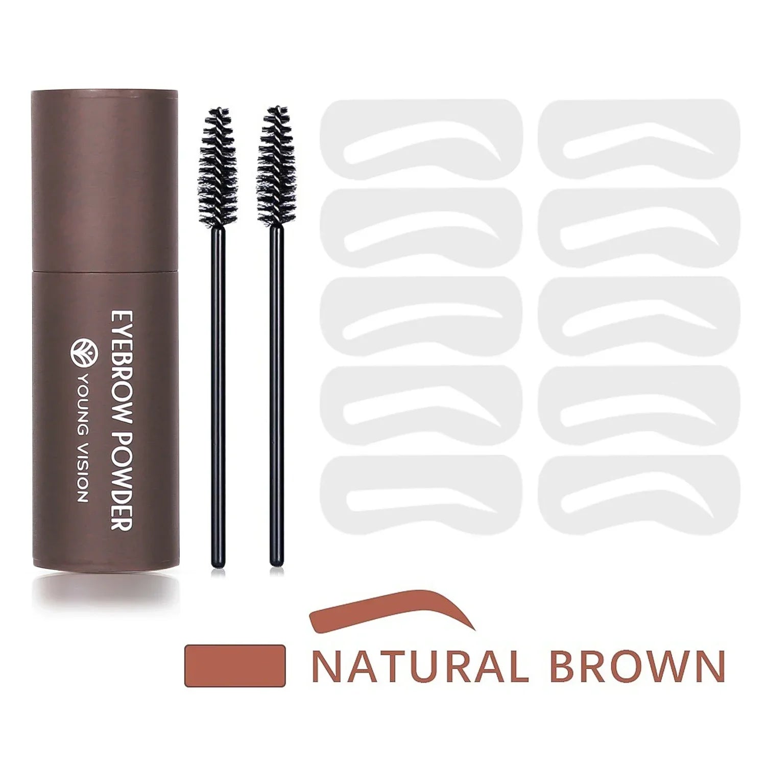 Eyebrow Stamp Stencil Kit with natural brown eyebrow powder, dual-use brushes, and 10 reusable stencil shapes for easy, waterproof brow shaping.