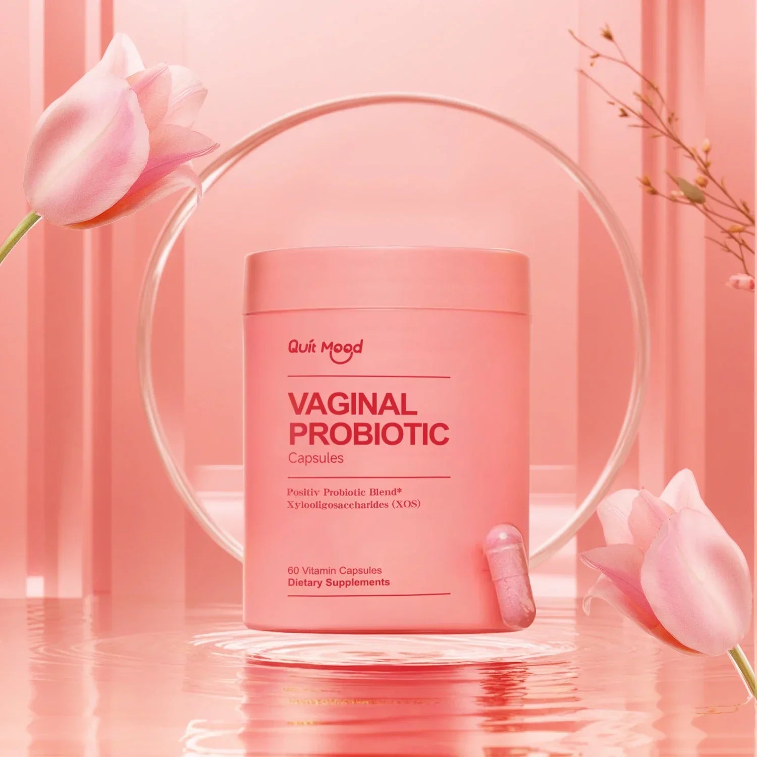 Quit Mood™ Probiotics for Women vaginal probiotic capsules for pH balance and digestive support in pink packaging with tulips