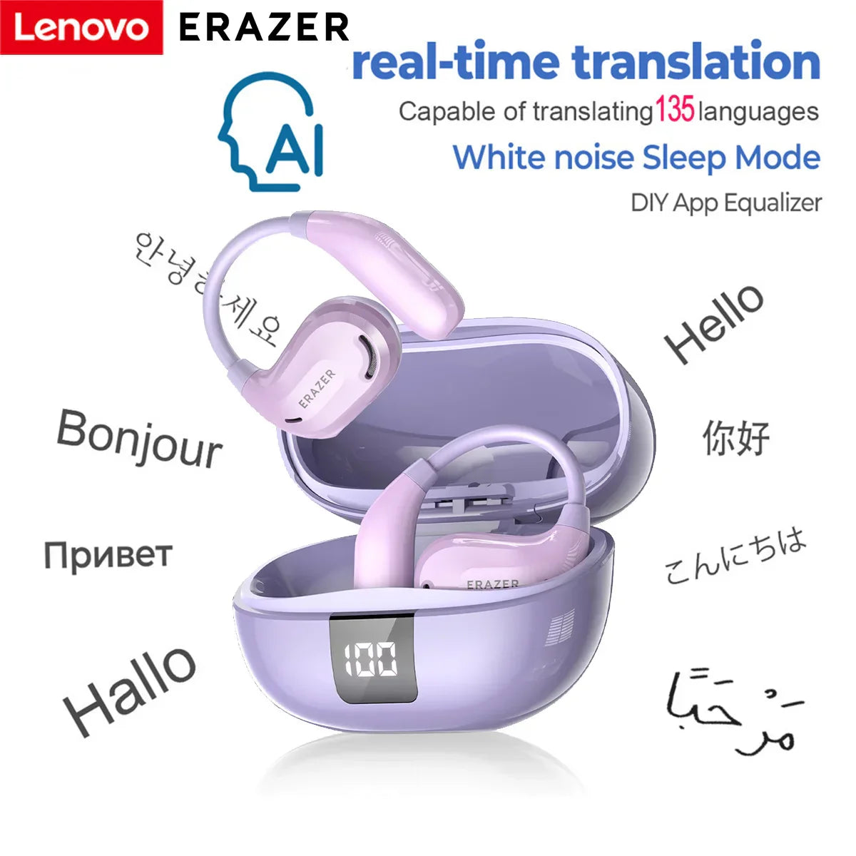 ERAZER XT66PRO Bluetooth earphones with real-time AI translation, LED display charging case, and ergonomic wireless design in lavender color