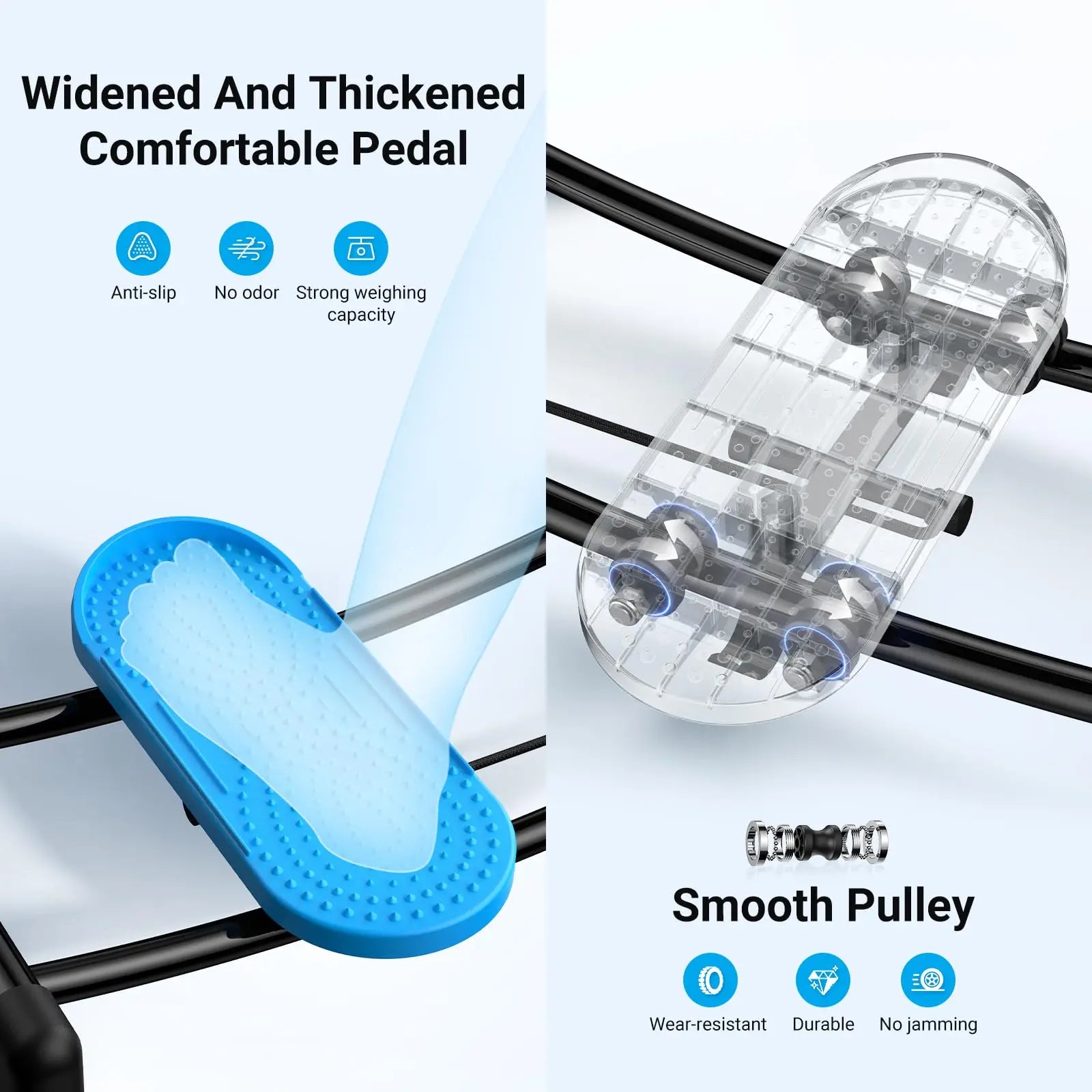Close-up of MERACH Ski Machine showing widened thickened blue anti-slip pedal and durable smooth pulley system for enhanced performance and comfort