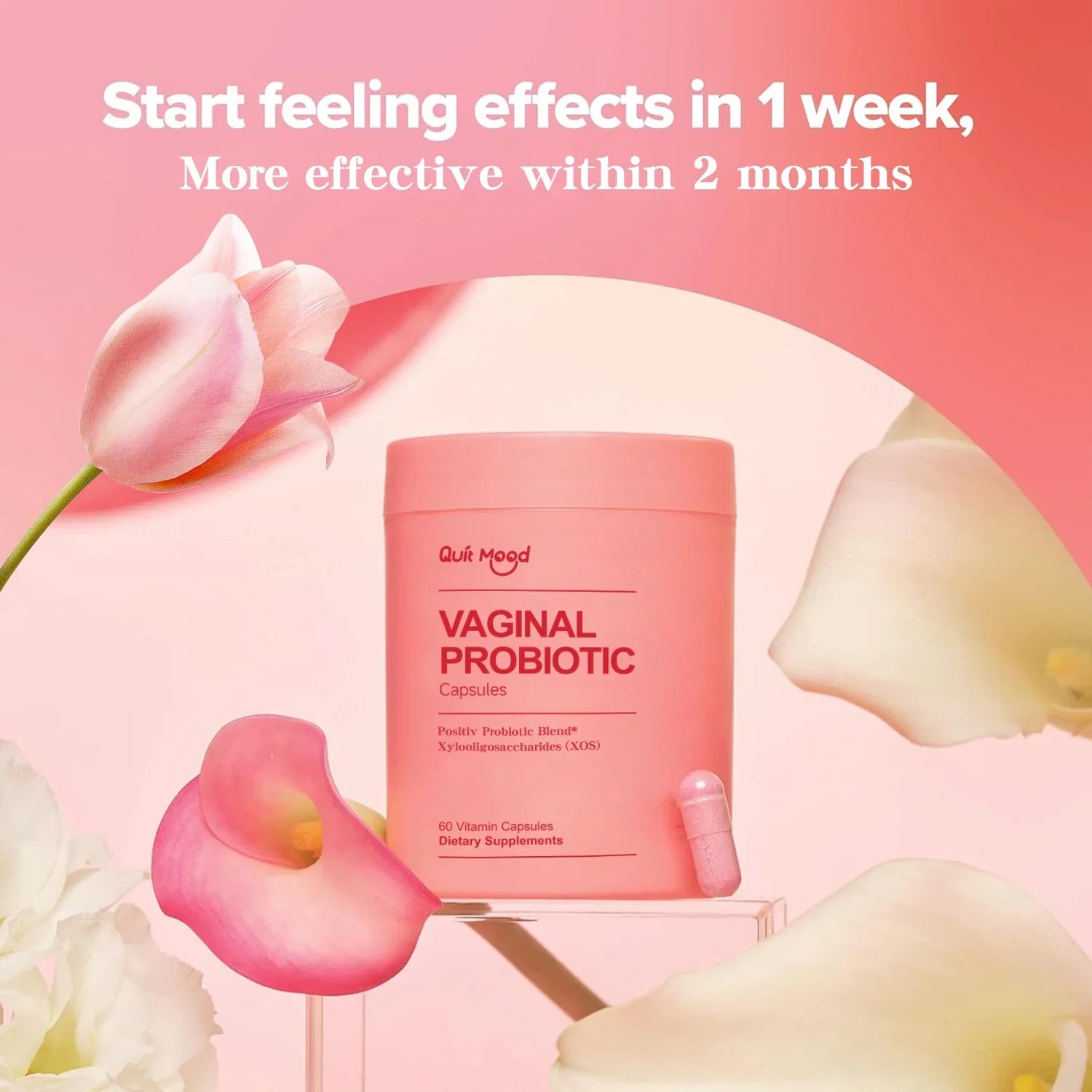 Quit Mood™ Probiotics for Women vaginal probiotic supplement with Lactobacillus for pH balance and digestive support in pink container with flowers background