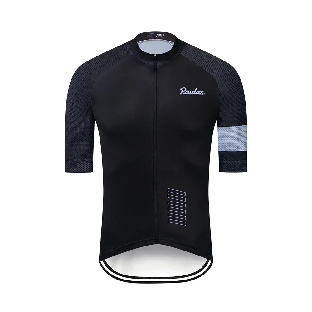 Raudax Classic Black Cycling Jersey with breathable mesh sleeves and full zipper for summer rides