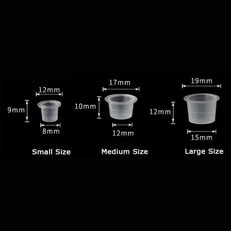 Sizes of disposable plastic ink cups for tattoo and permanent makeup with dimensions for small, medium, and large cups.