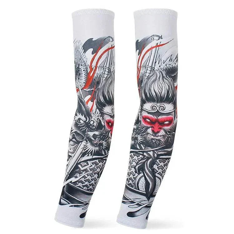 White outdoor arm sleeves with detailed black, gray, and red tattoo-style warrior and dragon design, providing UV protection and compression for sports and outdoor use.