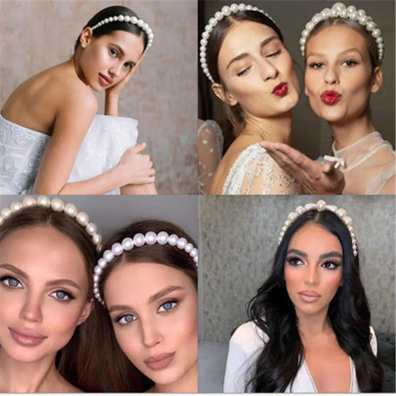 Modyle Full Pearl Hairband worn by women, elegant floral pearl design, stylish elastic headband for all hair types