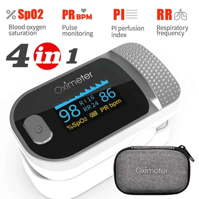 KIUZOU Finger Pulse Oximeter with bright OLED display measuring SPO2, pulse rate, perfusion index, and respiratory rate, compact and portable with carrying case