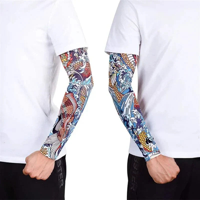 Colorful tattoo cover outdoor arm sleeves worn with white shirts providing UV protection and compression