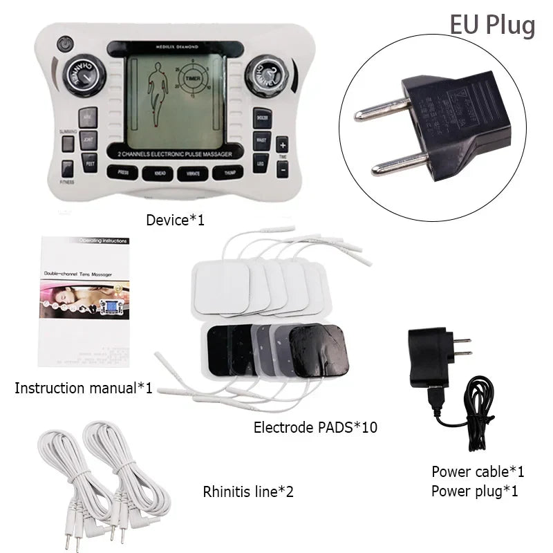 Electronic Pulse s EMS Machine kit with massager device, electrode pads, power cable, EU plug, and user manual for pain relief and muscle stimulation