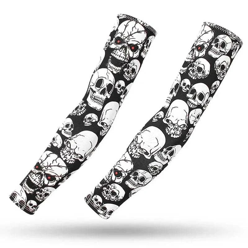 Black outdoor arm sleeves with white and red skull patterns for UV protection and tattoo cover