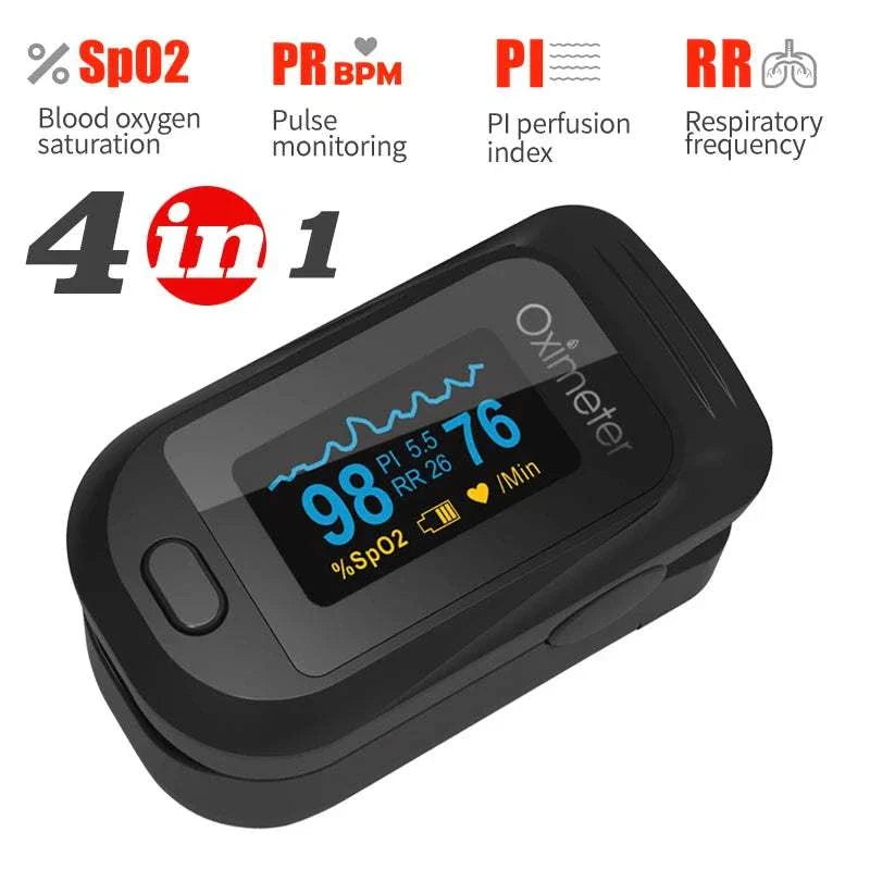 KIUZOU Finger Pulse Oximeter with bright OLED display tracking blood oxygen, pulse rate, PI perfusion, and respiratory frequency.