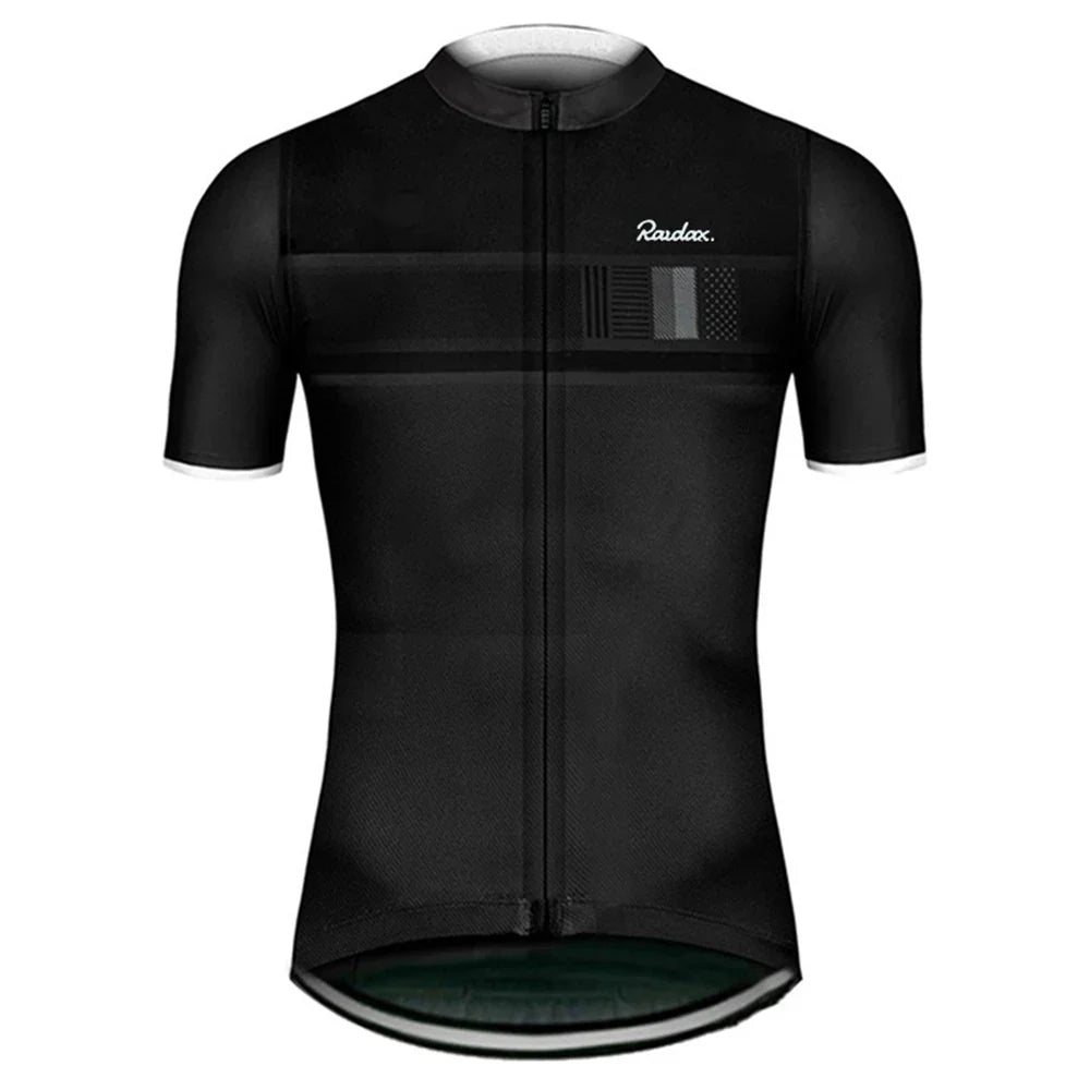 Raudax Classic Black Cycling Jersey with pro fit, breathable mesh, full zipper, quick-dry fabric, and sleek minimalist design.
